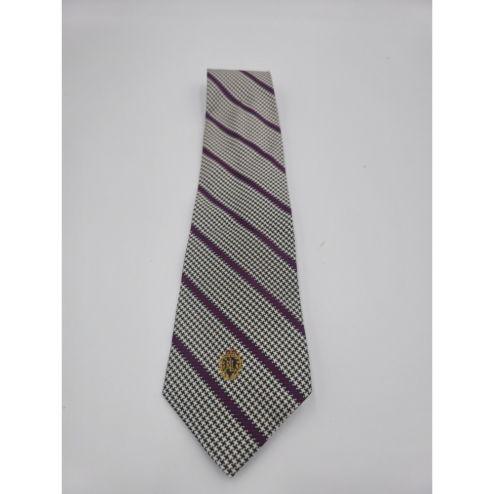 Lauren Ralph Lauren Silk Tie Mens Purple Striped Houndstooth Crest Made in USA